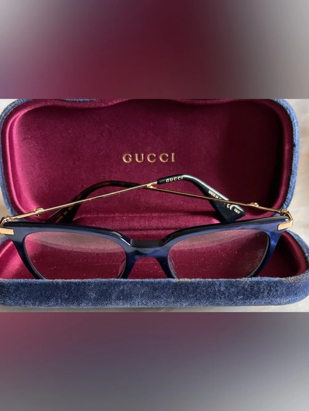 Gucci GG0110O 005 Women Blue Gold Rectangle Eyeglasses w/Case Authentic